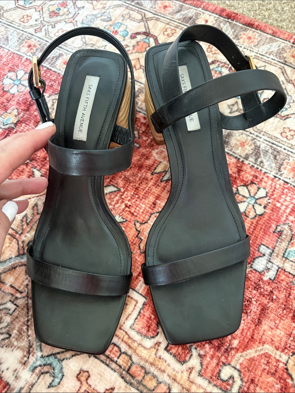 Saks Fifth Avenue Black Leather Square-Toe Block Heel Sandals